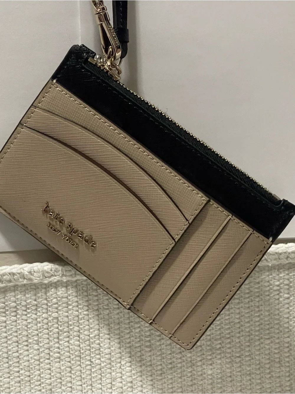 kate spade Two-Tone Tan and Black ID Card Holder with Key Ring